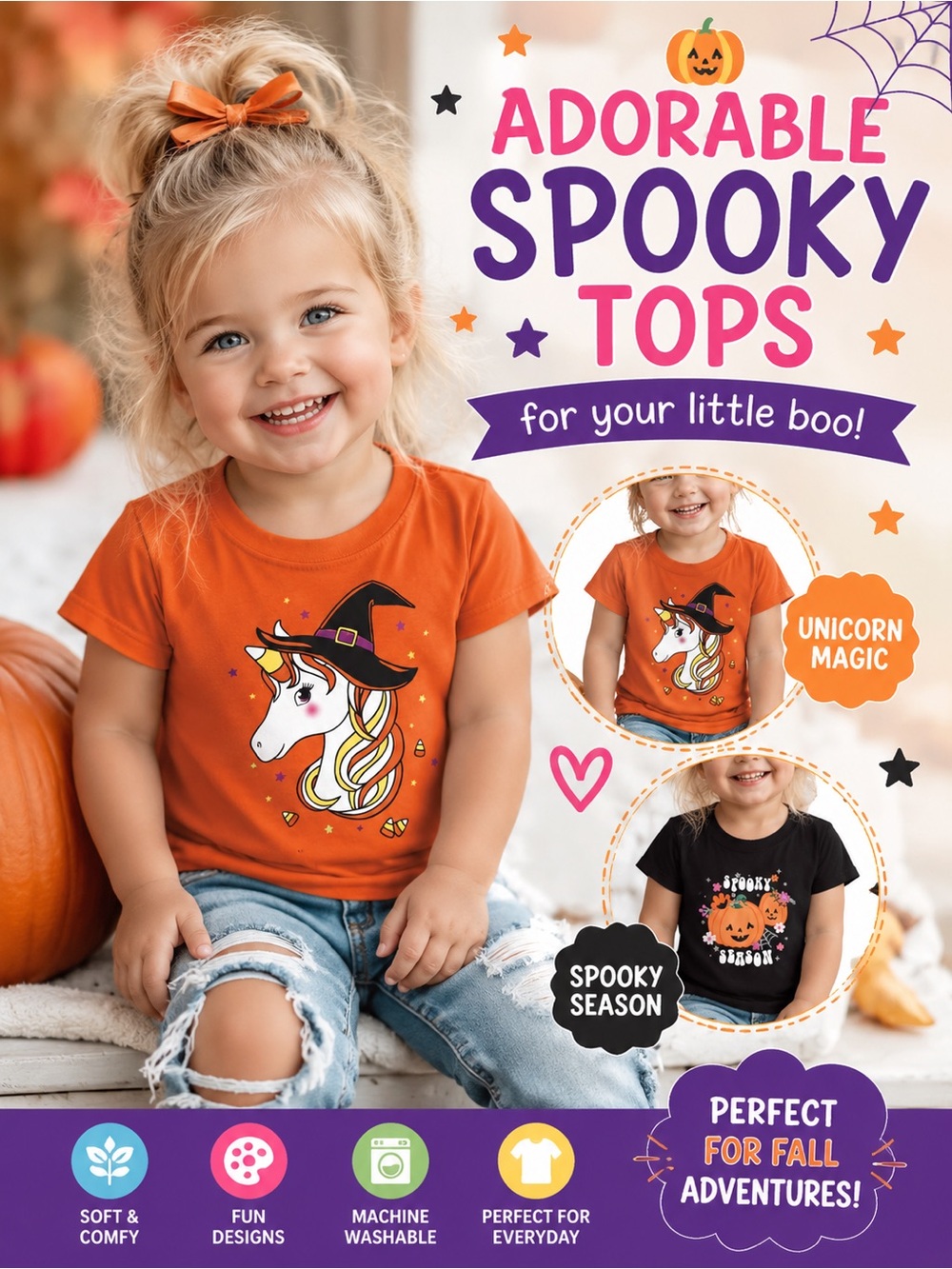 halloween Orange unicorn girls tee with witch hat graphic size 2T